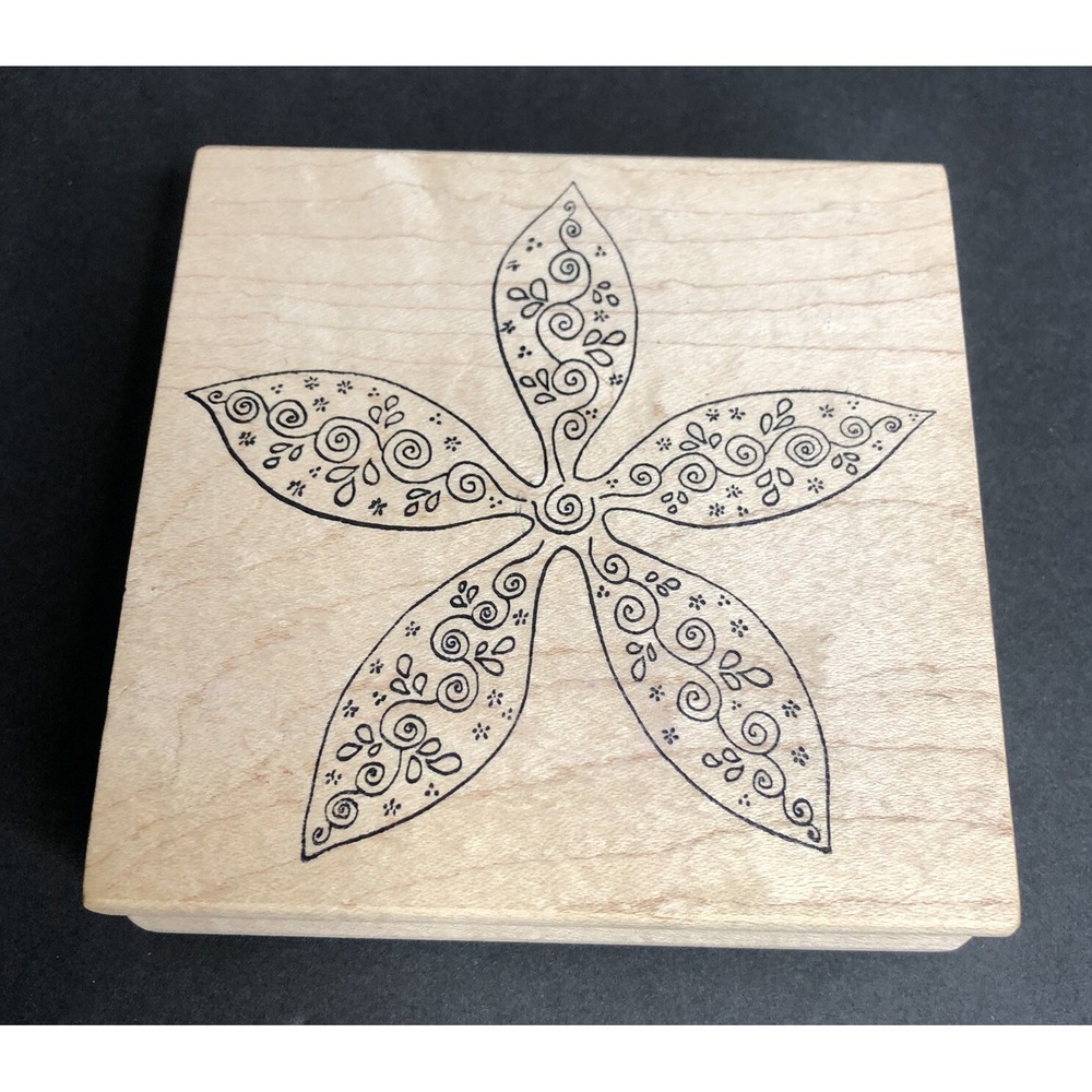 Magenta Rubber Stamp 5 Petal Floral Flower Swirl Design Wood Mounted
